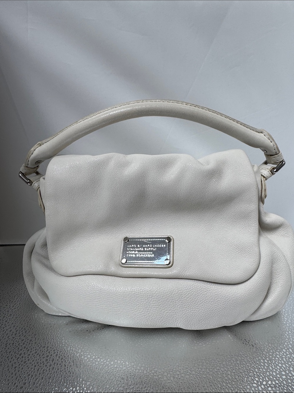 Marc Jacobs Cream Leather Flap Shoulder Bag with Metal Logo Plate